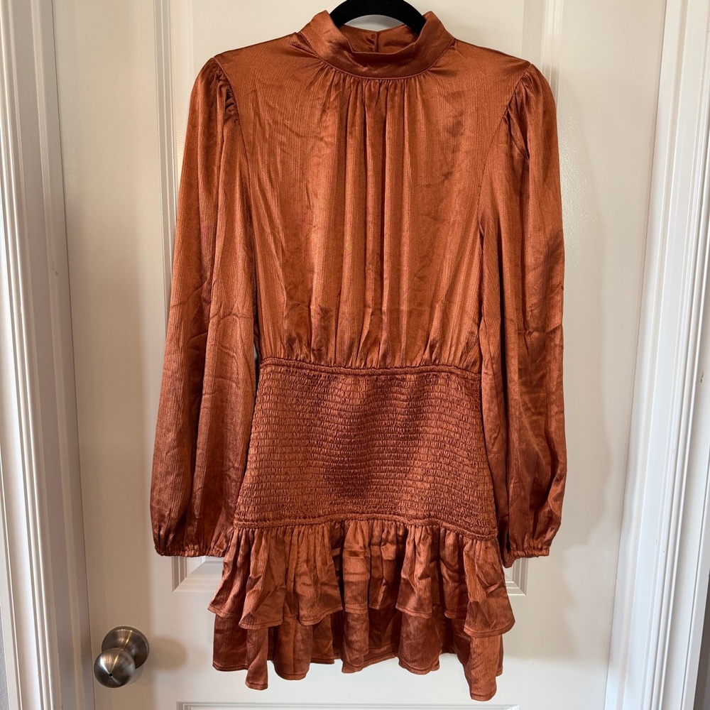 NWT Idem Ditto Small Cooper Drop Waist Ruched Dress High Neck Balloon Sleeves